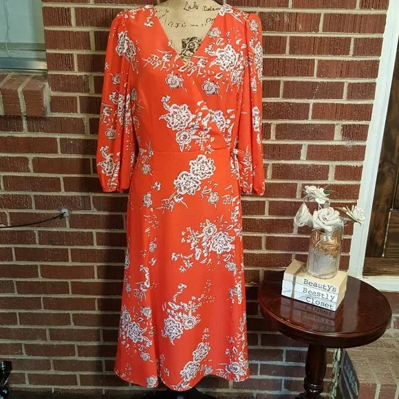 Vince Camuto V-Neck 34 Sleeve Floral Faux Wrap Midi Dress, Womens, 8, Red
